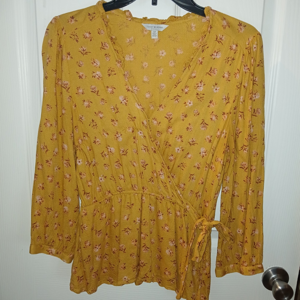 Lucky Brand Women’s Top Small Mustard Yellow Floral Long Sleeve Smocked Cinched